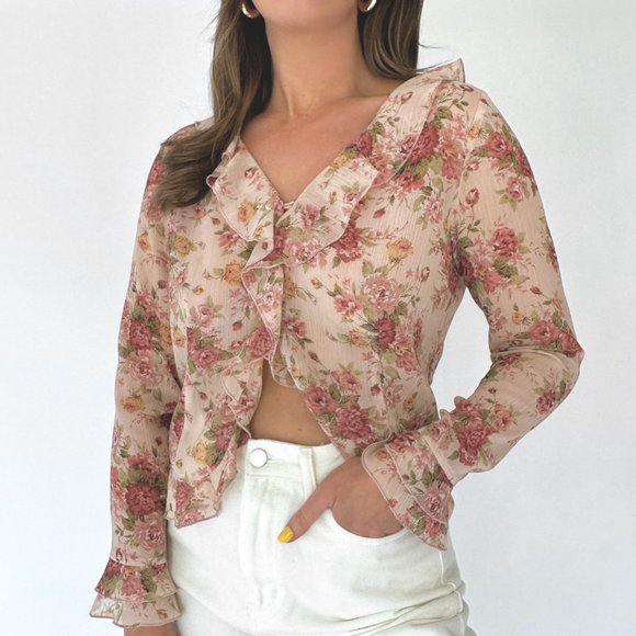 Y2k Pink Floral Ruffle Blouse - Picture 1 of 5